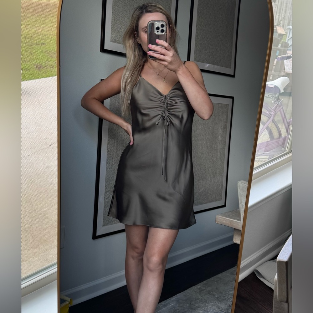 Sleek Satin Ruched Olive Green Midi Slip Flowy Dress - Picture 2 of 9